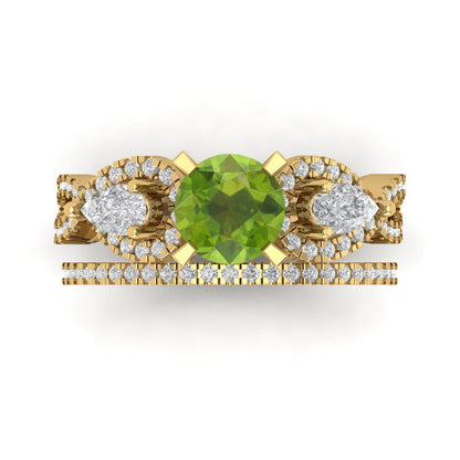 1.925 cttw Round Cut Natural Peridot Bridal Set - Solid Yellow Gold Engagement Ring & Wedding Band