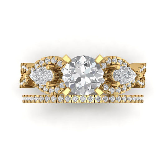1.925 cttw Round Cut Moissanite Bridal Set - Solid Yellow Gold Engagement Ring & Wedding Band