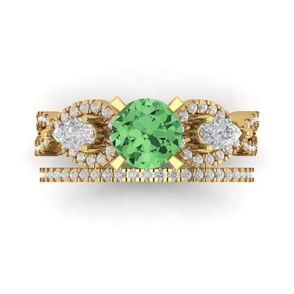 1.925 cttw Round Cut Simulated Green Diamond Bridal Set - Solid Yellow Gold Engagement Ring & Wedding Band