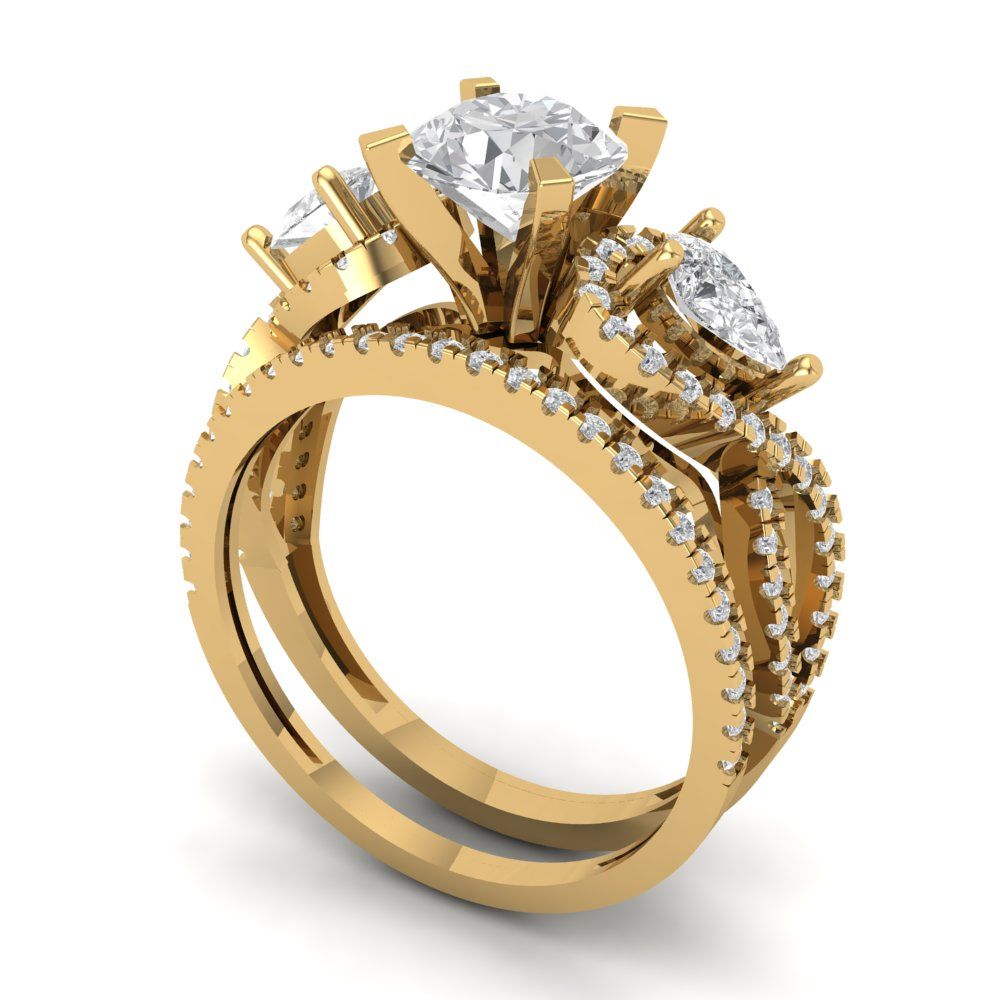 1.925 cttw Round Cut Zirconia Simulated Diamond Bridal Set - Solid Yellow Gold Engagement Ring & Wedding Band