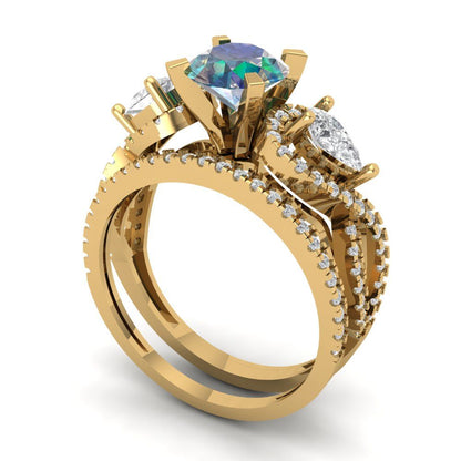 1.925 cttw Round Cut Blue Moissanite Bridal Set - Solid Yellow Gold Engagement Ring & Wedding Band