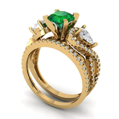 1.925 cttw Round Cut Simulated Emerald Bridal Set - Solid Yellow Gold Engagement Ring & Wedding Band