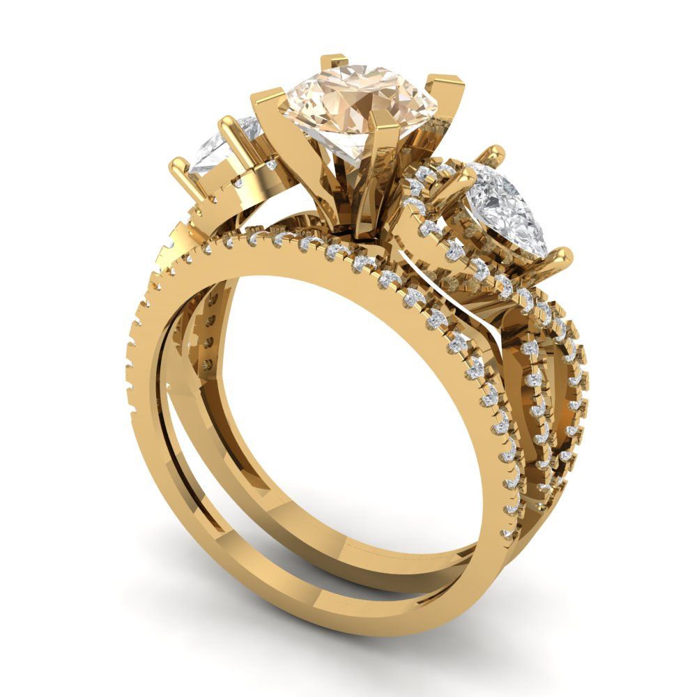 1.925 cttw Round Cut Natural Morganite Bridal Set - Solid Yellow Gold Engagement Ring & Wedding Band