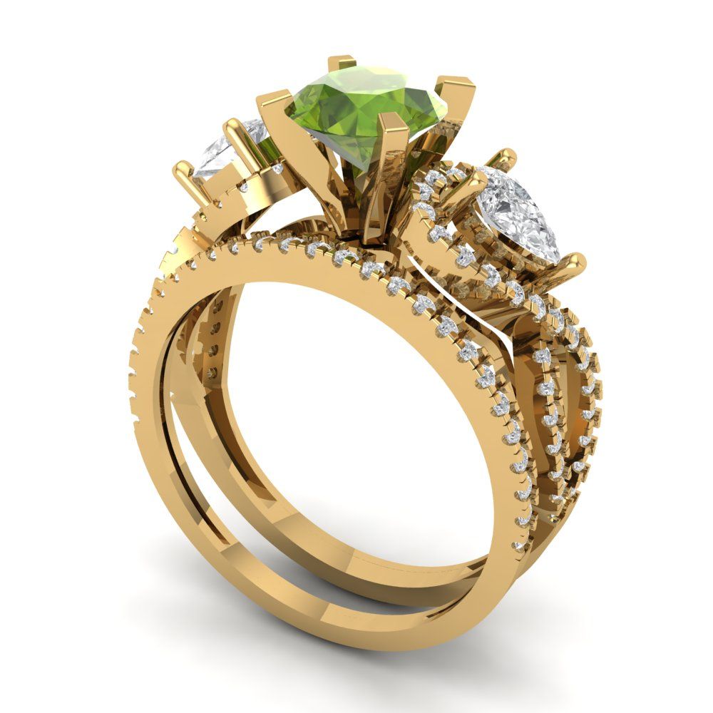 1.925 cttw Round Cut Natural Peridot Bridal Set - Solid Yellow Gold Engagement Ring & Wedding Band