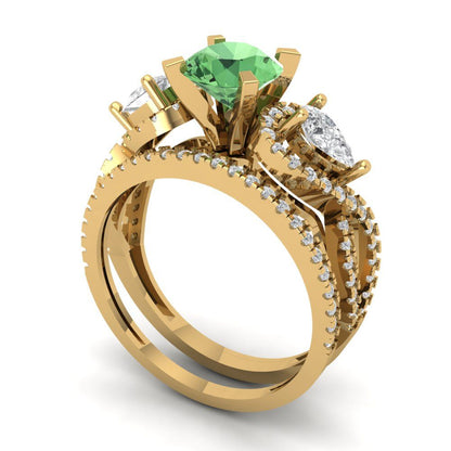 1.925 cttw Round Cut Simulated Green Diamond Bridal Set - Solid Yellow Gold Engagement Ring & Wedding Band