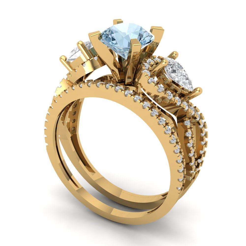 1.925 cttw Round Cut Natural Aquamarine Bridal Set - Solid Yellow Gold Engagement Ring & Wedding Band