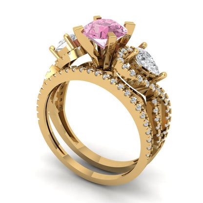 1.925 cttw Round Cut Simulated Pink Diamond Bridal Set - Solid Yellow Gold Engagement Ring & Wedding Band