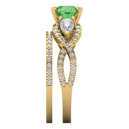 1.925 cttw Round Cut Simulated Green Diamond Bridal Set - Solid Yellow Gold Engagement Ring & Wedding Band