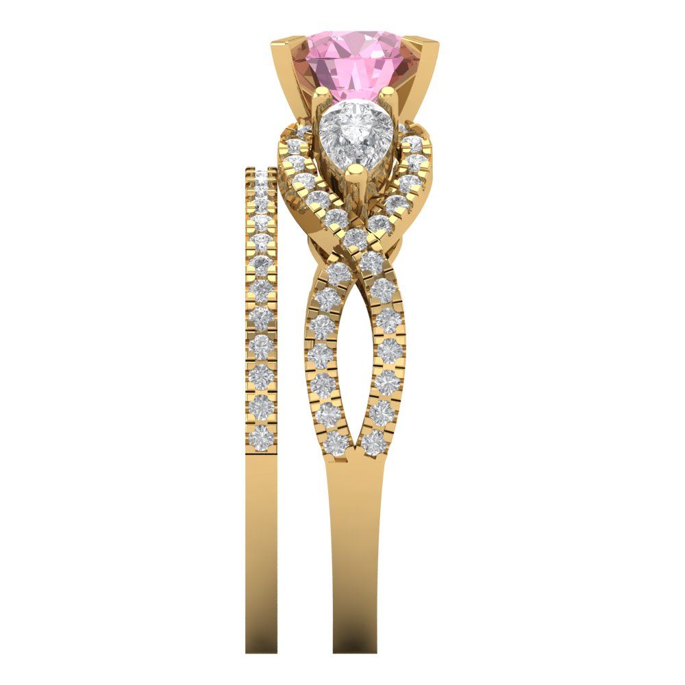 1.925 cttw Round Cut Simulated Pink Diamond Bridal Set - Solid Yellow Gold Engagement Ring & Wedding Band
