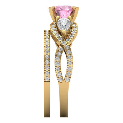 1.925 cttw Round Cut Simulated Pink Diamond Bridal Set - Solid Yellow Gold Engagement Ring & Wedding Band