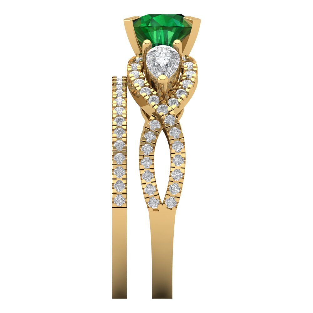 1.925 cttw Round Cut Simulated Emerald Bridal Set - Solid Yellow Gold Engagement Ring & Wedding Band