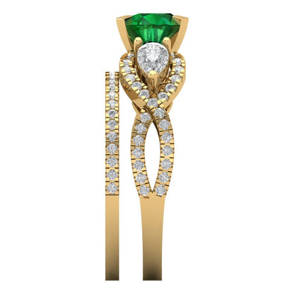 1.925 cttw Round Cut Simulated Emerald Bridal Set - Solid Yellow Gold Engagement Ring & Wedding Band
