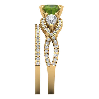 1.925 cttw Round Cut Natural Peridot Bridal Set - Solid Yellow Gold Engagement Ring & Wedding Band