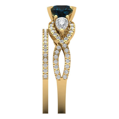 1.925 cttw Round Cut Natural London Blue Topaz Bridal Set - Solid Yellow Gold Engagement Ring & Wedding Band