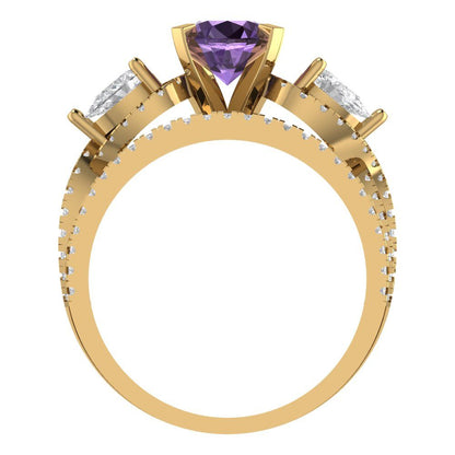 1.925 cttw Round Cut Simulated Alexandrite Bridal Set - Solid Yellow Gold Engagement Ring & Wedding Band