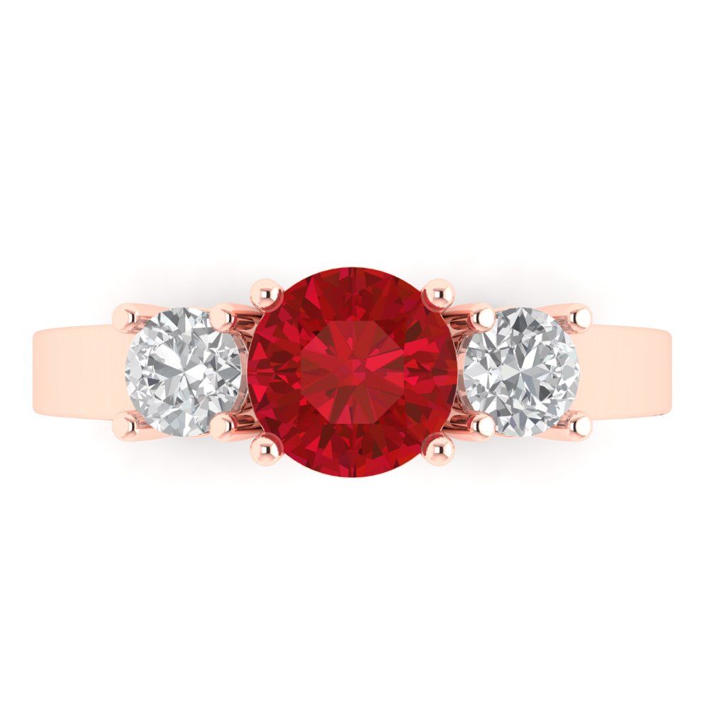 1.5 cttw Simulated Ruby Three-Stone Engagement Ring - Solid Rose Gold (VVS1, Round Cut,6.5mm)