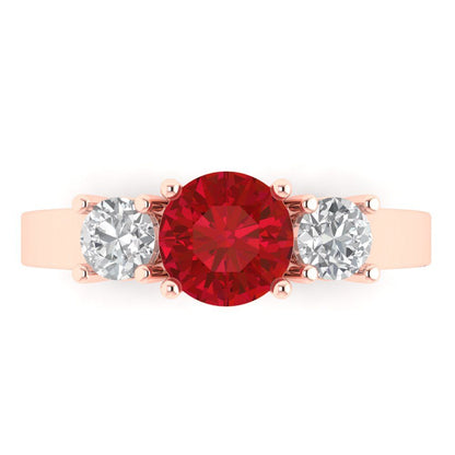 1.5 cttw Simulated Ruby Three-Stone Engagement Ring - Solid Rose Gold (VVS1, Round Cut,6.5mm)