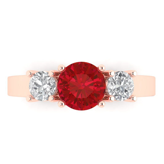1.5 cttw Simulated Ruby Three-Stone Engagement Ring - Solid Rose Gold (VVS1, Round Cut,6.5mm)