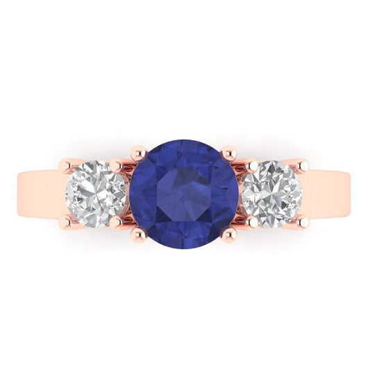 1.5 cttw Simulated Tanzanite Three-Stone Engagement Ring - Solid Rose Gold (VVS1, Round Cut,6.5mm)