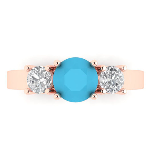 1.5 cttw Simulated Turquoise Three-Stone Engagement Ring - Solid Rose Gold (VVS1, Round Cut,6.5mm)