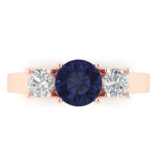 1.5 cttw Simulated Blue Sapphire Three-Stone Engagement Ring - Solid Rose Gold (VVS1, Round Cut,6.5mm)