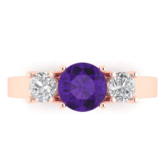 1.5 cttw Natural Amethyst Three-Stone Engagement Ring - Solid Rose Gold (VVS1, Round Cut,6.5mm)