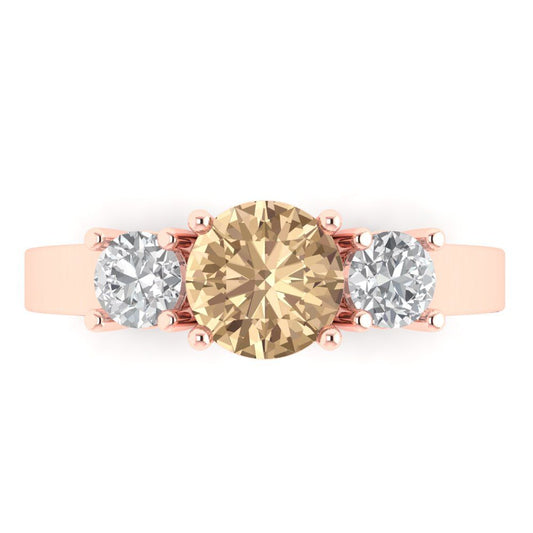 1.5 cttw Yellow Moissanite Three-Stone Engagement Ring - Solid Rose Gold (VVS1, Round Cut,6.5mm)