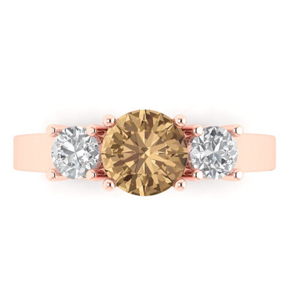 1.5 cttw Zirconia Simulated Champagne Diamond Three-Stone Engagement Ring - Solid Gold (VVS1, Round Cut,6.5mm)