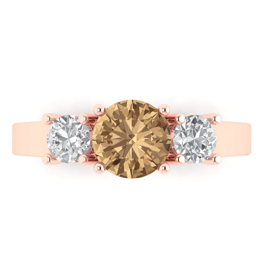 1.5 cttw Zirconia Simulated Champagne Diamond Three-Stone Engagement Ring - Solid Rose Gold (VVS1, Round Cut,6.5mm)