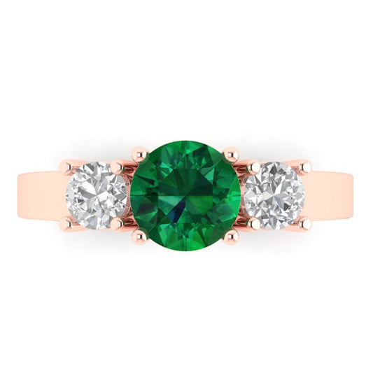 1.5 cttw Simulated Emerald Three-Stone Engagement Ring - Solid Rose Gold (VVS1, Round Cut,6.5mm)