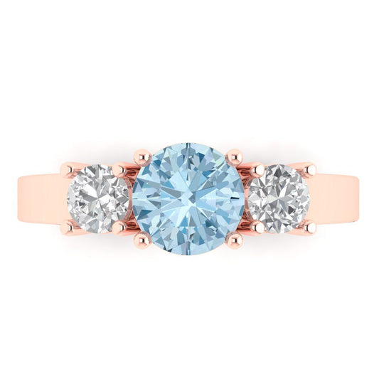 1.5 cttw Zirconia Simulated Blue Diamond Three-Stone Engagement Ring - Solid Rose Gold (VVS1, Round Cut,6.5mm)