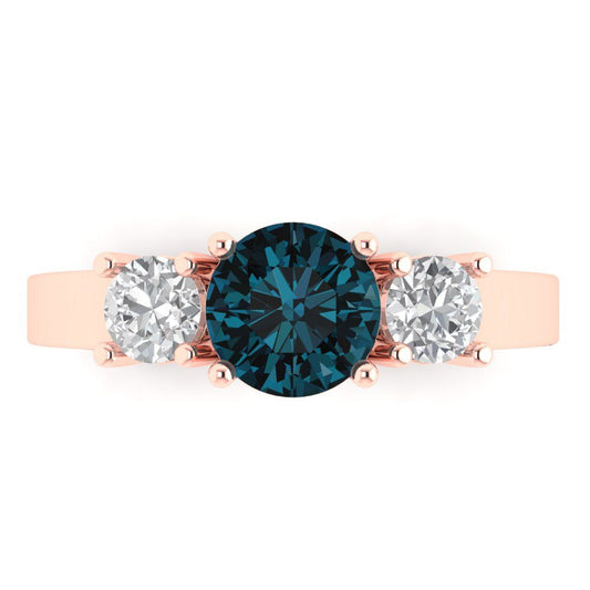 1.5 cttw Natural London Blue Topaz Three-Stone Engagement Ring - Solid Rose Gold (VVS1, Round Cut,6.5mm)