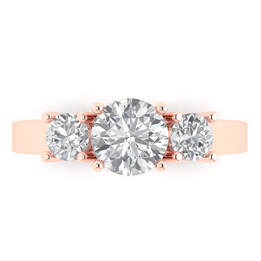 1.5 cttw Moissanite Three-Stone Engagement Ring - Solid Rose Gold (VVS1, Round Cut,6.5mm)