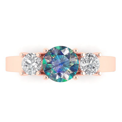 1.5 cttw Blue Moissanite Three-Stone Engagement Ring - Solid Gold (Round Cut,6.5mm)