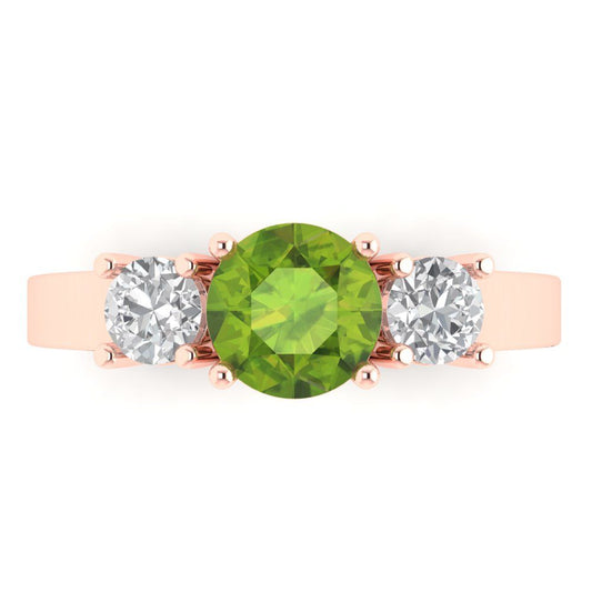 1.5 cttw Natural Peridot Three-Stone Engagement Ring - Solid Rose Gold (VVS1, Round Cut,6.5mm)