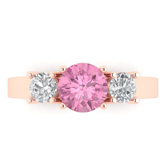1.5 cttw Zirconia Simulated Pink Diamond Three-Stone Engagement Ring - Solid Rose Gold (VVS1, Round Cut,6.5mm)