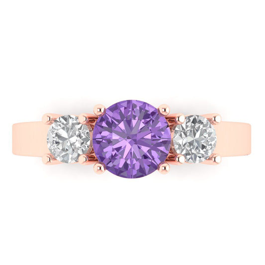 1.5 cttw Simulated Alexandrite Three-Stone Engagement Ring - Solid Rose Gold (VVS1, Round Cut,6.5mm)