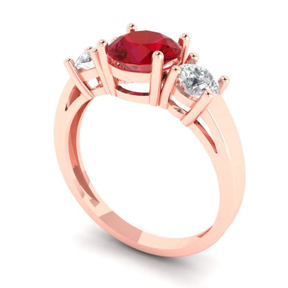 1.5 cttw Simulated Ruby Three-Stone Engagement Ring - Solid Rose Gold (VVS1, Round Cut,6.5mm)