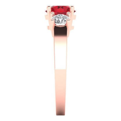 1.5 cttw Simulated Ruby Three-Stone Engagement Ring - Solid Rose Gold (VVS1, Round Cut,6.5mm)