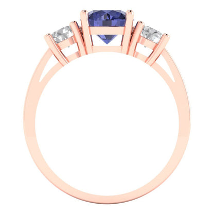 1.5 cttw Simulated Tanzanite Three-Stone Engagement Ring - Solid Gold (Round Cut,6.5mm)