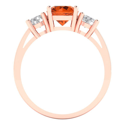 1.5 cttw Simulated Ruby Three-Stone Engagement Ring - Solid Rose Gold (VVS1, Round Cut,6.5mm)