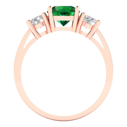 1.5 cttw Simulated Emerald Three-Stone Engagement Ring - Solid Gold (Round Cut,6.5mm)