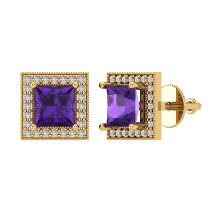 2.24 ctw Amethyst Studs Earrings | 5.5mm Princess Cut White Gold Screw back | February Birthstone