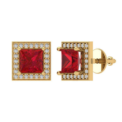 2.24 ctw Ruby Studs Earrings | 5.5mm Princess Cut White Gold Screw back | July Birthstone