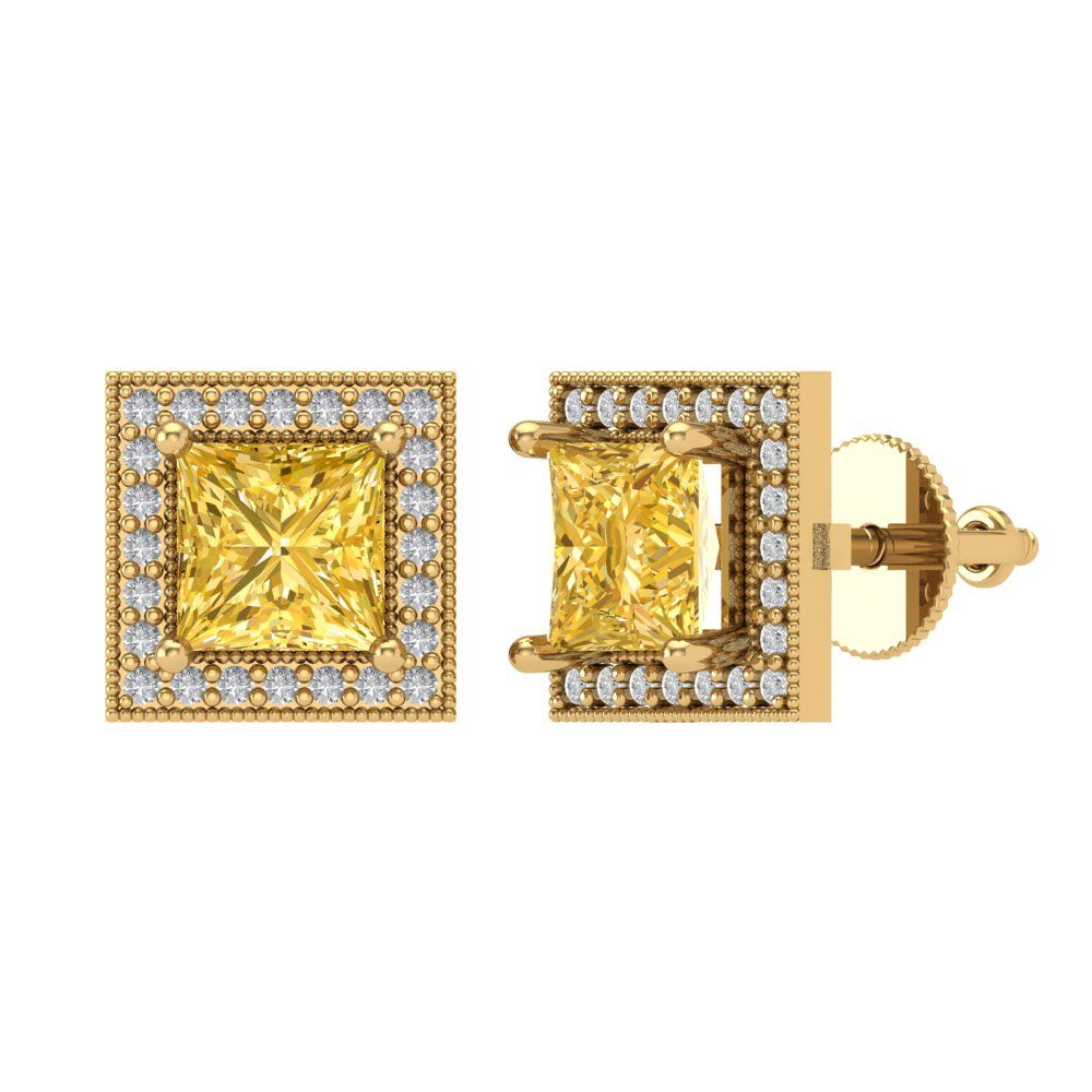 2.24 ctw Yellow Zirconia Studs Earrings | 5.5mm Princess Cut White Gold Screw back | April Birthstone