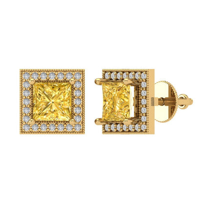 2.24 ctw Yellow Zirconia Studs Earrings | 5.5mm Princess Cut White Gold Screw back | April Birthstone