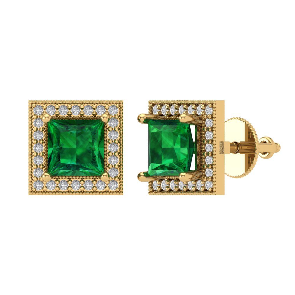 2.24 ctw Emerald Studs Earrings | 5.5mm Princess Cut White Gold Screw back | May Birthstone
