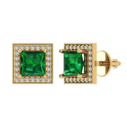 2.24 ctw Emerald Studs Earrings | 5.5mm Princess Cut White Gold Screw back | May Birthstone