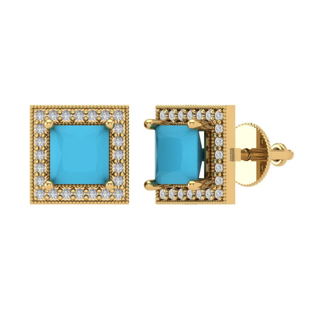 2.24 ctw Turquoise Studs Earrings | 5.5mm Princess Cut White Gold Screw back | December Birthstone