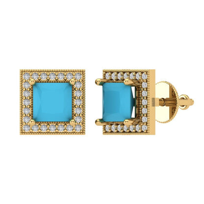 2.24 ctw Turquoise Studs Earrings | 5.5mm Princess Cut White Gold Screw back | December Birthstone